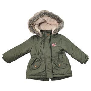 Young Dimension Baby Girls 12-18M Olive Green Parka Coat Faux Fur Floral Sherpa